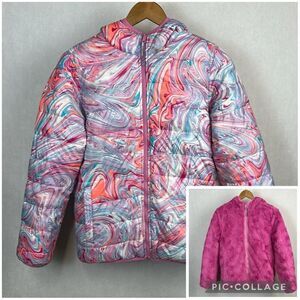 Lands' End Kids Girls Reversible Insulated Fleece Jacket Sz XL 14-16 Pink